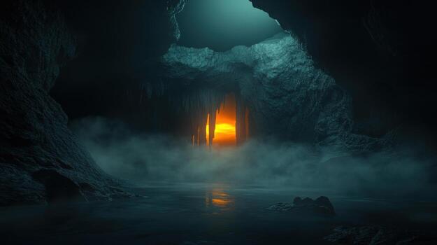 Dark cave with a glowing exit photo
