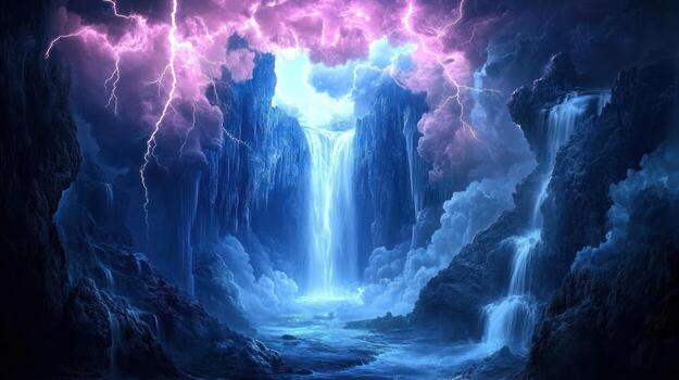 A mystical, illuminated waterfall in a dramatic, cavernous landscape photo