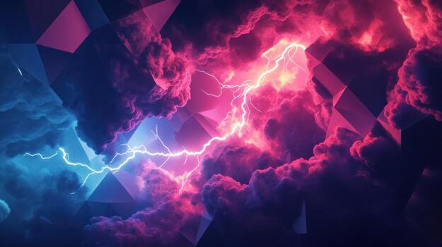 Stormy, polygonal clouds with lightning photo