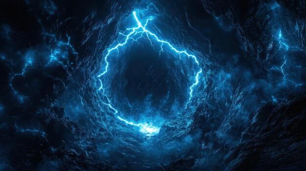 Stormy, circular lightning in a dark, cavernous space photo