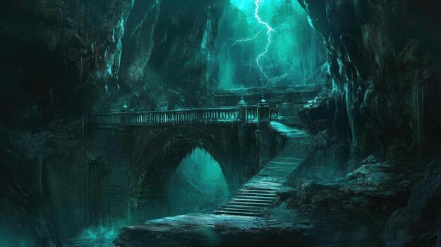 Dark, mystical cave with bridge photo