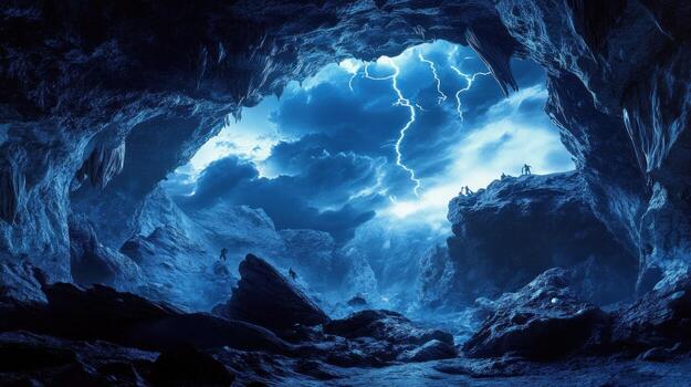 Cave entrance with storm clouds photo