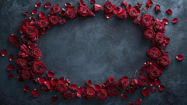 Red roses frame on dark grey background photo