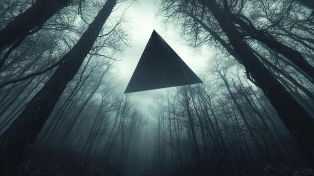 Dark triangle in misty forest photo
