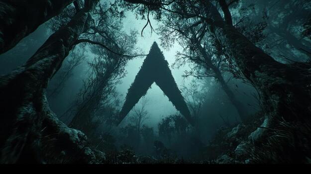 Mysterious, dark forest scene with an abstract triangular shape photo