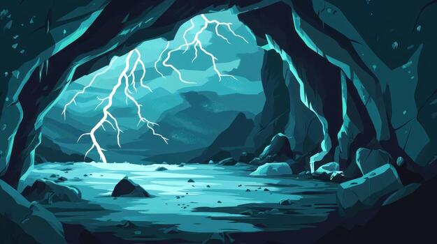 Dark cave with a storm outside photo