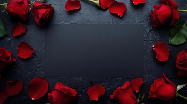 Red roses and petals frame a dark rectangle on a dark surface photo