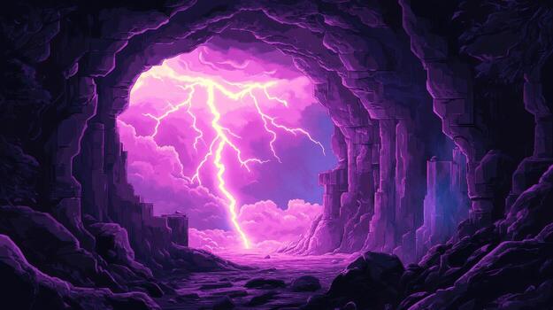 Pixel art cave with lightning photo