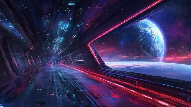 Futuristic spaceship corridor with a view of a planet photo