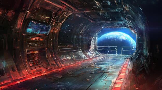 Futuristic spaceship corridor with Earth view photo