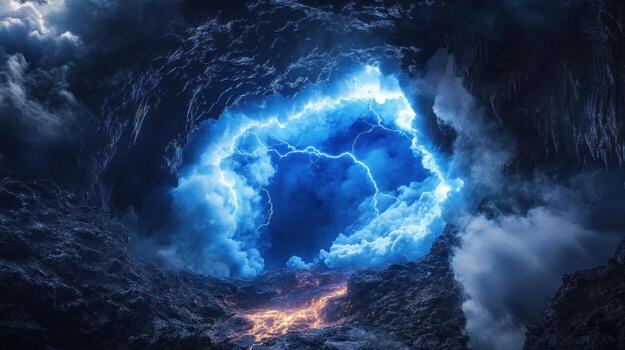 Stormy cave entrance with lightning photo