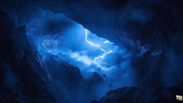 Dramatic lightning bolt piercing dark clouds in a cave-like opening photo