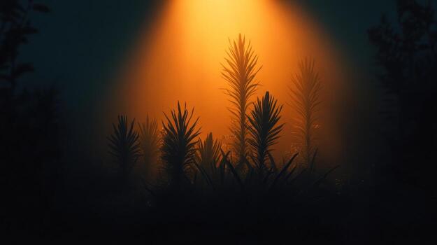 Dark, mystical forest scene illuminated by a spotlight photo