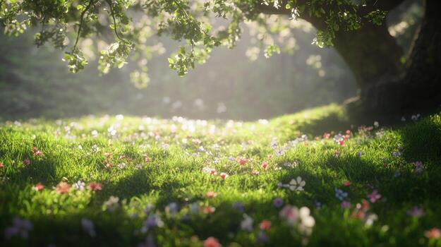 Sunlight dappling a meadow filled with wildflowers photo