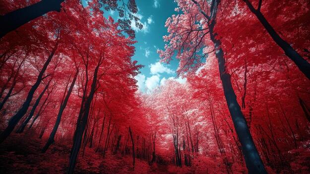 A vibrant, colorful forest. Lush trees with deep red foliage fill the image, reaching up to a partly cloudy blue sky photo
