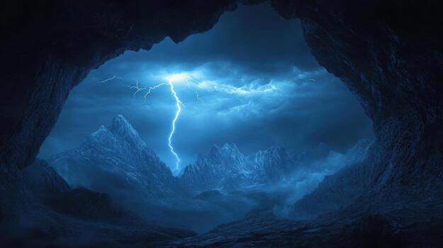 A dramatic storm over a mountain range viewed from a cave photo