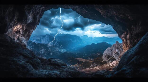 Cave opening to dramatic mountain landscape with storm photo