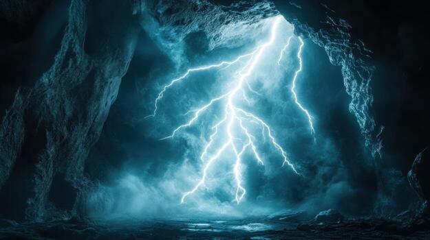 Cave interior illuminated by a powerful lightning strike photo