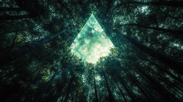 A triangular sky window in a dark forest photo