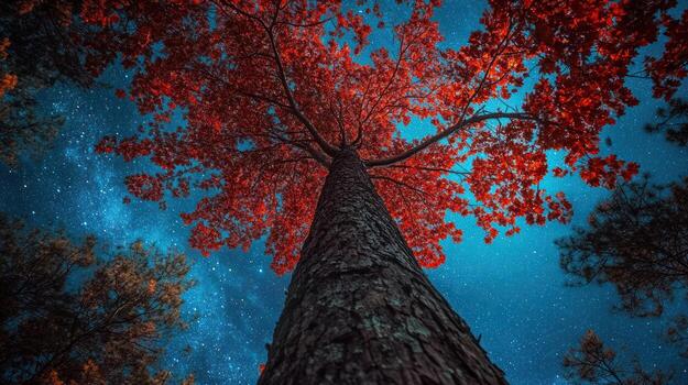 Red autumn tree under starry sky photo