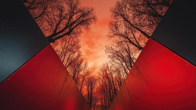 Red and Black Architectural View of Trees at Sunset photo