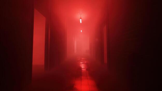 Red-lit corridor shrouded in mist photo