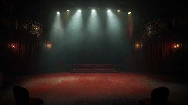 Empty stage, dimly lit, theatrical photo