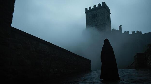 Foggy medieval setting with a solitary figure photo