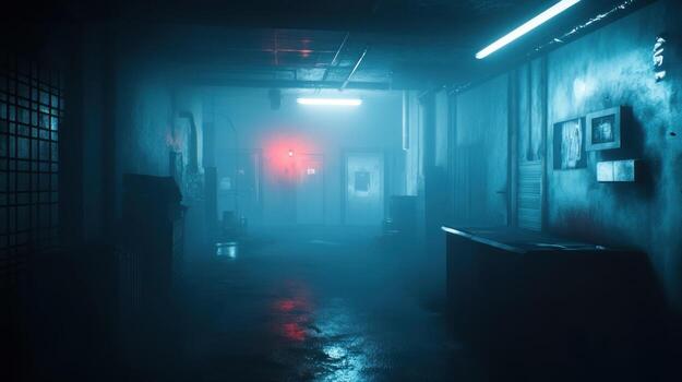 A dimly lit, fog-filled corridor photo