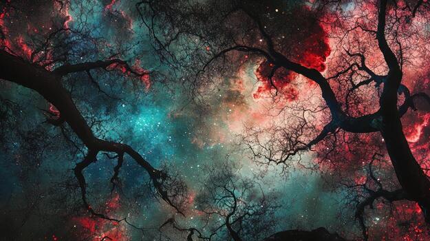Silhouetted branches against a vibrant space nebula photo