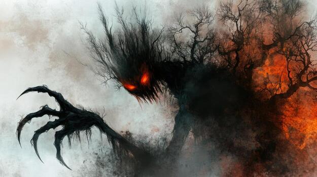 A menacing creature with gnarled branches and fiery aura photo