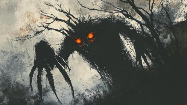 Dark, monstrous silhouette emerges from a shadowy forest photo