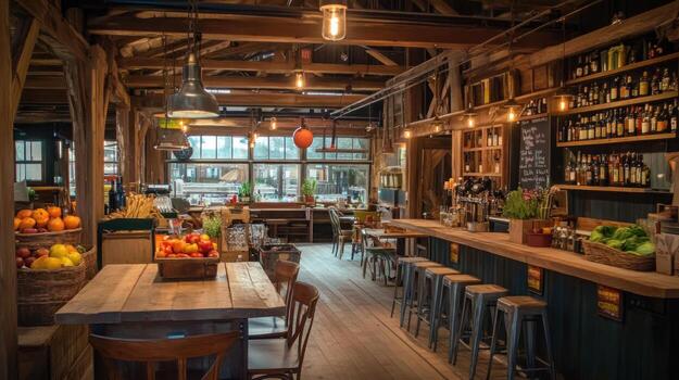 Rustic cafe interior with wood beams and large windows photo