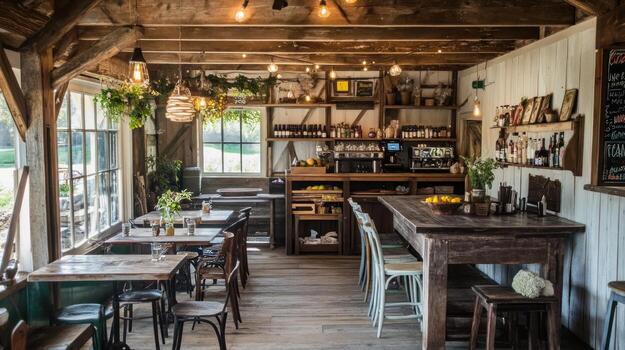 Rustic cafe interior with wooden beams and exposed structure photo