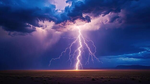 Dramatic lightning strike over a vast plain photo