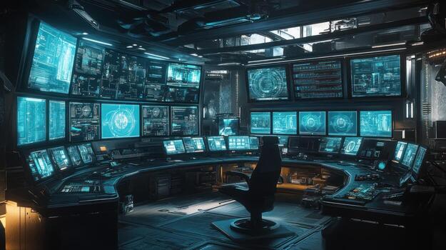 Futuristic control room with glowing screens photo