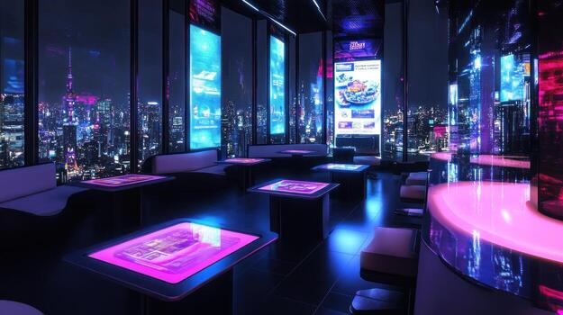 Futuristic rooftop bar with city view photo