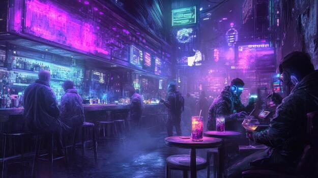Neon-lit futuristic bar scene photo