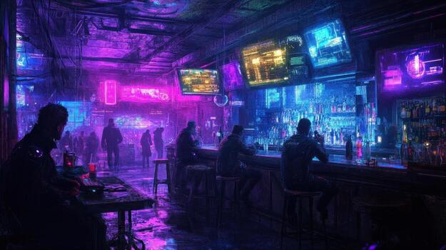Cyberpunk bar scene at night. Vibrant neon glow photo