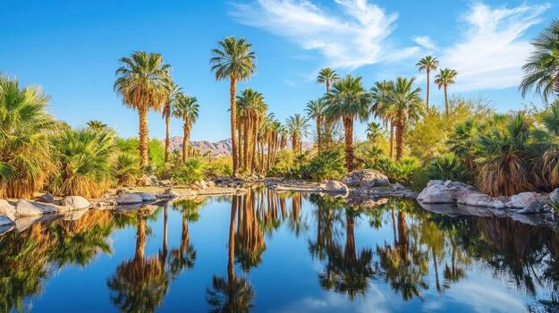 Palm trees and calm water reflecting a desert sky photo