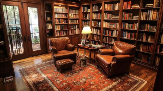 Luxurious library interior with comfortable seating photo