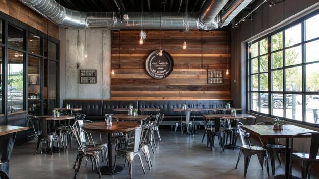 Modern cafe interior with exposed elements photo