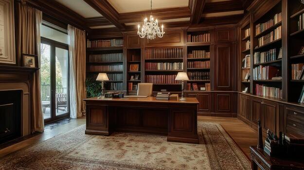 Luxurious library office with wooden paneling photo