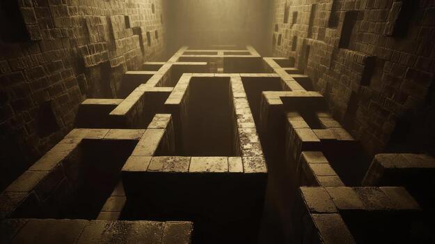 Ancient maze, dimly lit, stone photo