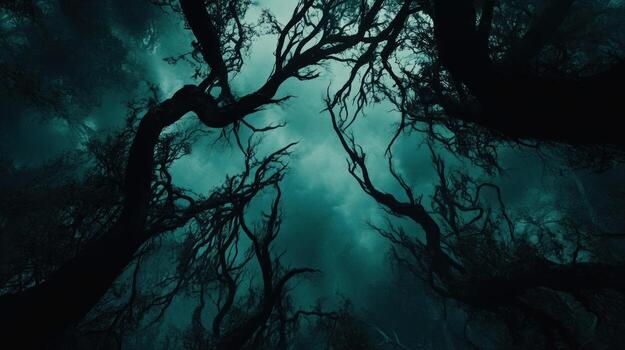 Dark, twisting trees against a stormy sky photo