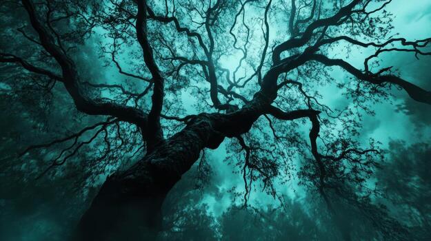 Twisted ancient tree in a mystical fog photo