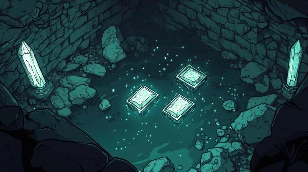 Dark, mystical, cavern setting with glowing crystals and boxes photo