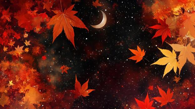Autumn leaves at night with a crescent moon photo
