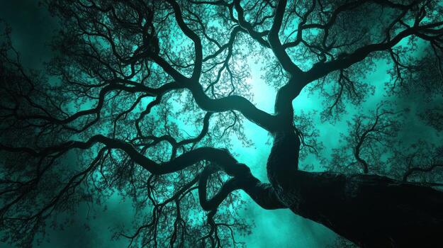 Twisted tree reaching towards a teal sky photo