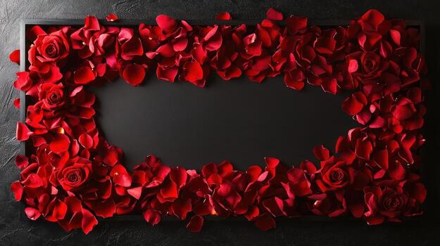 A rectangular frame of vibrant red rose petals surrounds a black surface photo